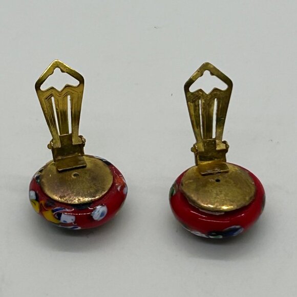Vintage Red Venetian Glass Clip-On Earrings With Gold Tone Backs 3/4" Diameter - Picture 11 of 16